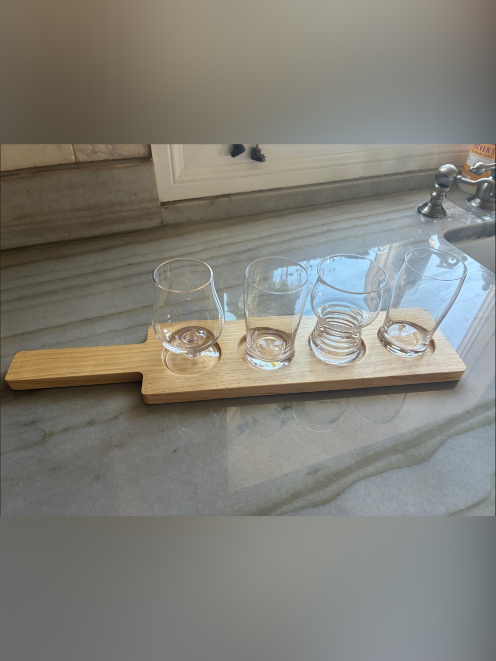 Wood Paddle Serving Board with Four Clear Glasses - great for Fathers Day gift